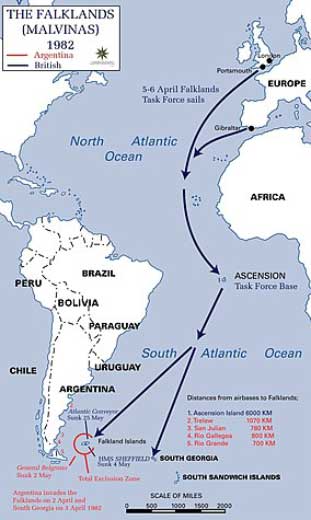 Perang Malvinas, juga dikenal sebagai Perang Kepulauan Falkland, adalah konflik singkat yang tidak dideklarasikan antara Argentina dan Inggris pada tahun 1982. Peta menunjujkan perjalanan gugus tugas kolonialis Inggris untuk mengambil kembali Malvinas